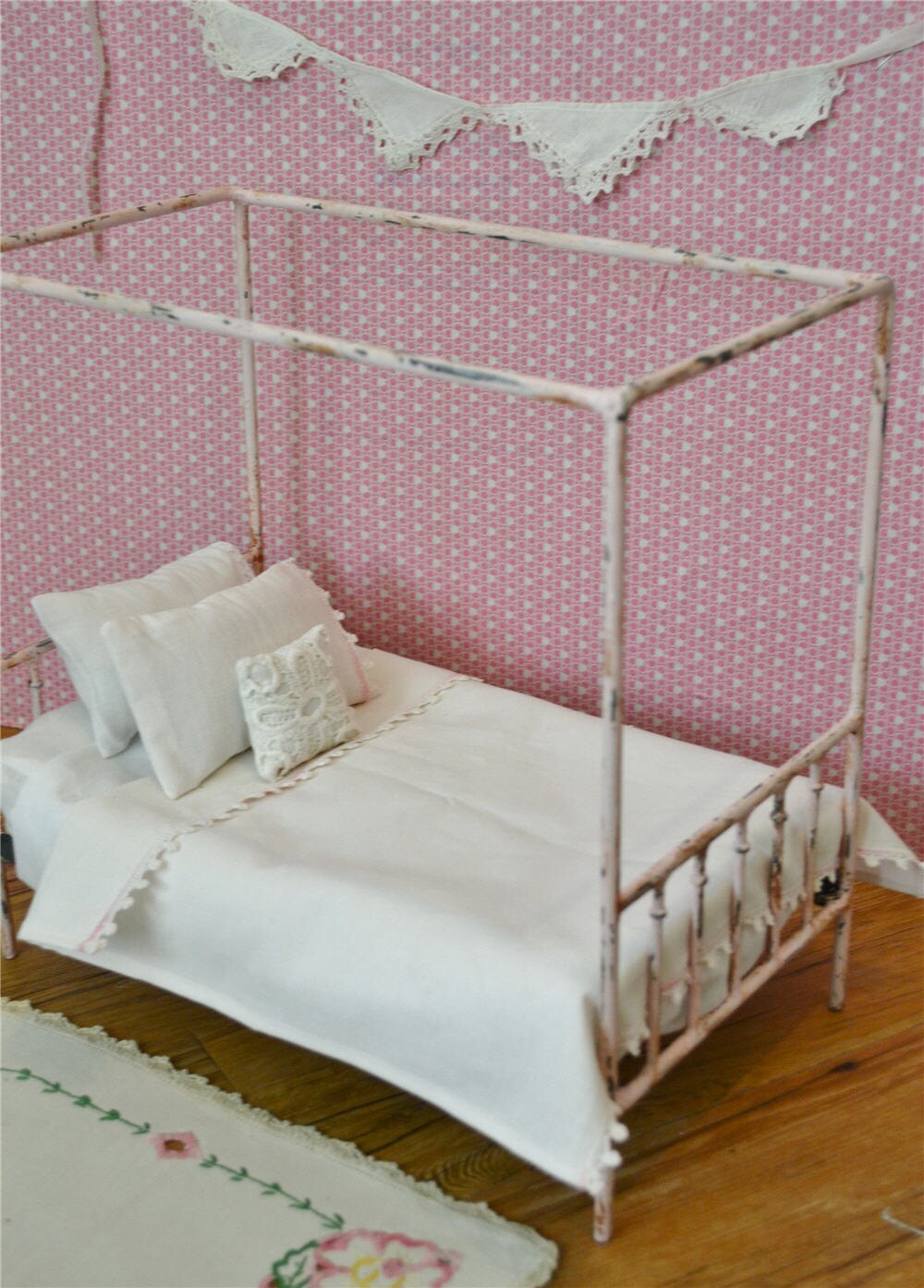 Canopy Bed Doll Bed Pink Antique Metal 1/6th by dreamcometruebeds