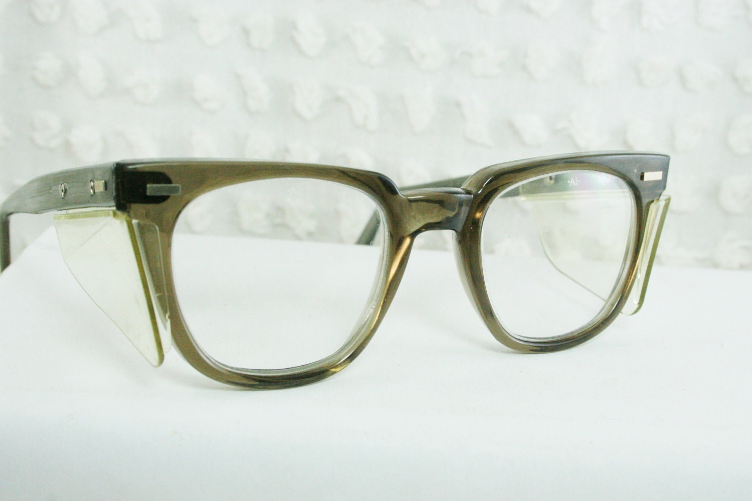 60s Mens Glasses 1960s Safety Eyeglasses Gray Translucent Z87 48/24 Clear Side Shield Non RX Optical Quality Frame
