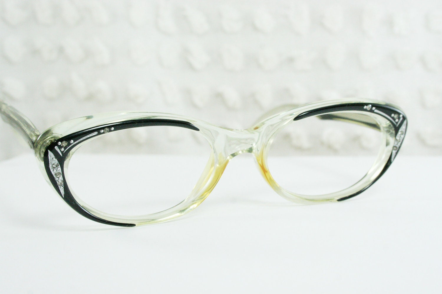 Vintage 60s Cat Eye Glasses 1950s Womens Clear Glasses Black Rhinestone Silver Etched 46/18 NOS Raybert Italy Optical Frame