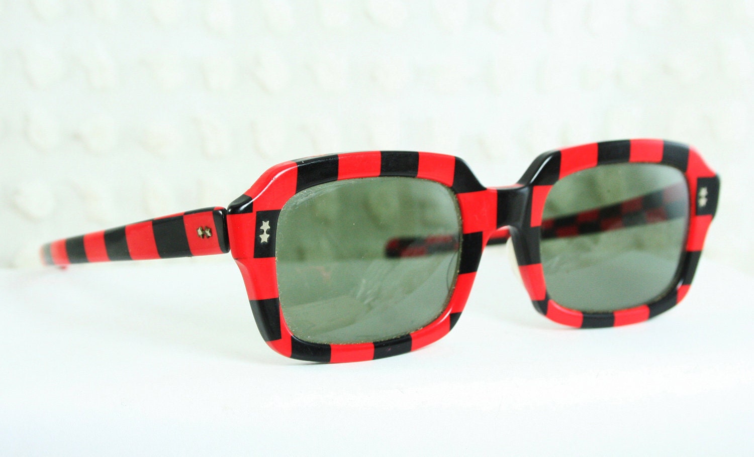 60s Sunglasses 1960s Mod Glasses Red Checker Board Black Thick Horn Rim NOS 48/24 Unisex SRO Optical Frame