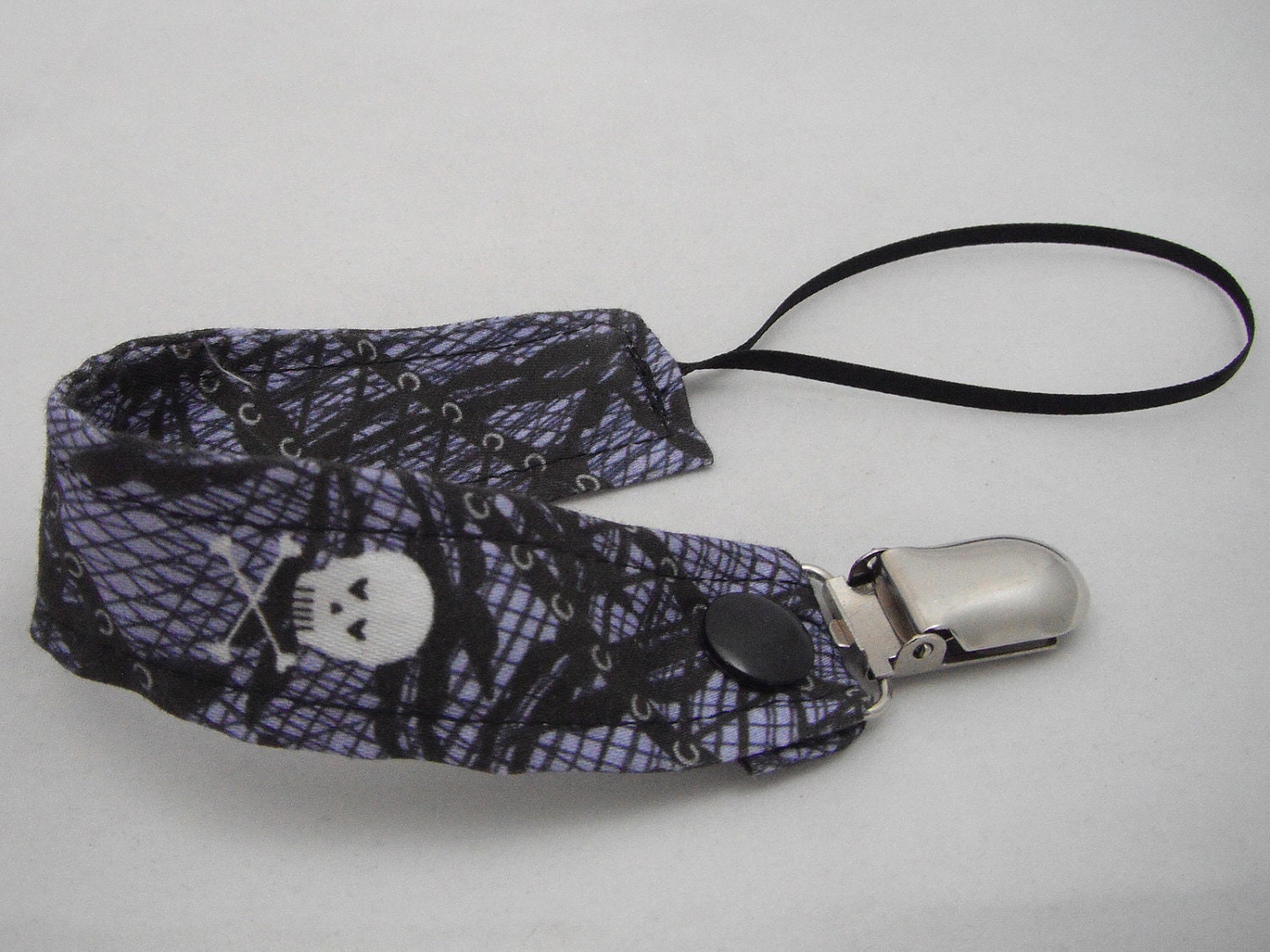 Fabric Pacifier Clip - Light Blue Black Gothic Lace with White Skull Print - Universal Soothie Nuk Mam Gumdrop Avent