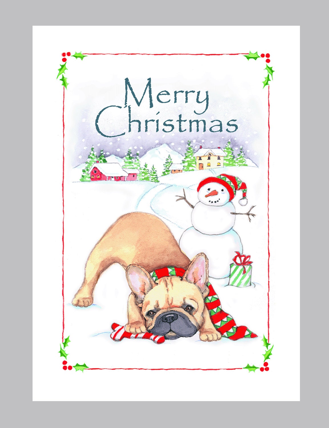 French Bulldog Christmas Card by Judzart on Etsy