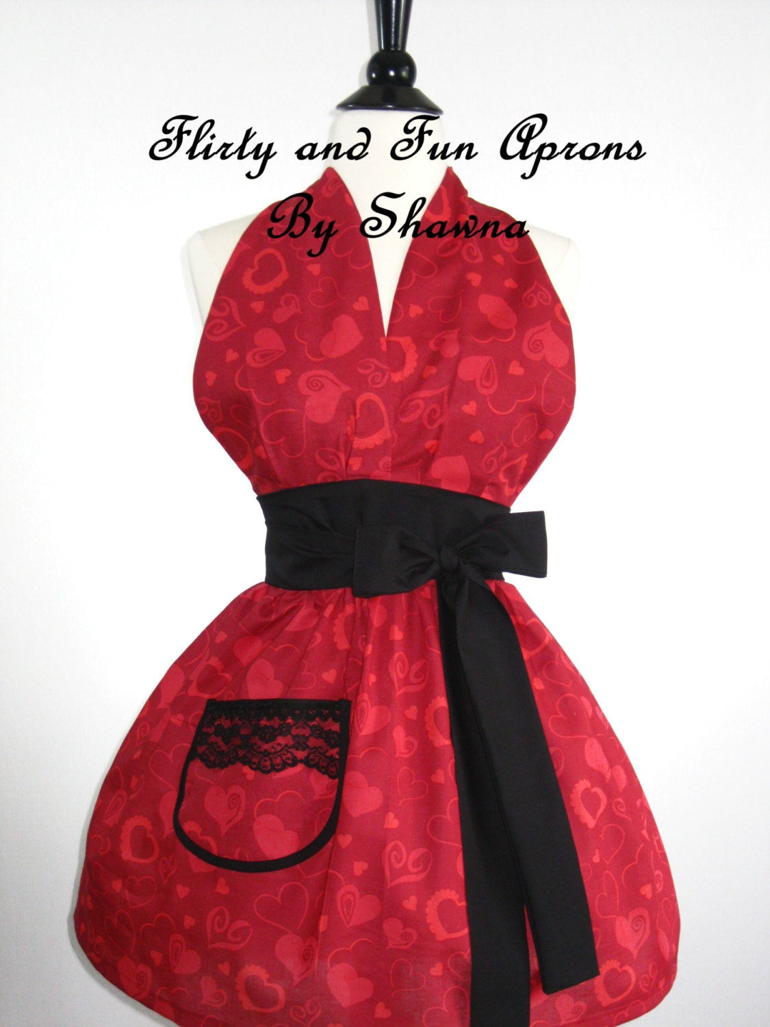 Flirty Black and Red Heart Halter Pin Up Style Apron with Black Lace