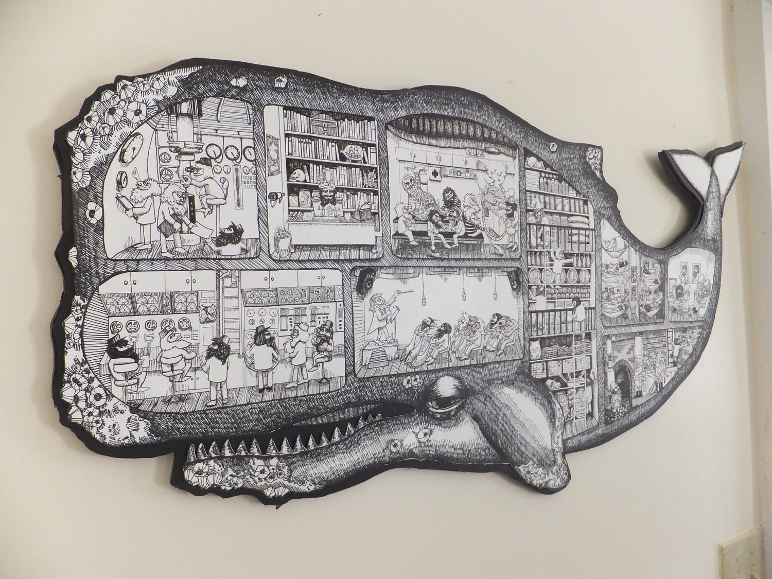 Large Whale Men Submarine Cutaway Screen print Illustration
