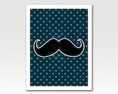 Art Print Moustache Poster A4 Print Blue Teal Green Polka Dots Home Décor Original Design by Adidit Print no. 188