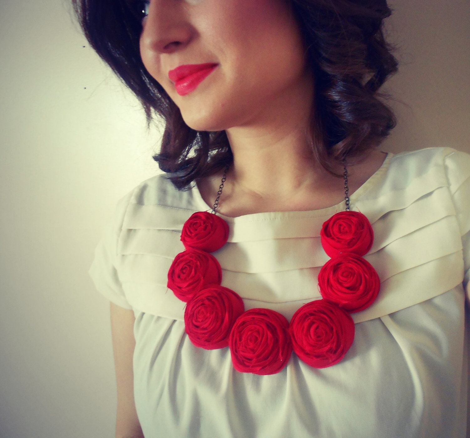 red rosette necklace Mothers day statement bib necklace wedding bridesmaid spring
