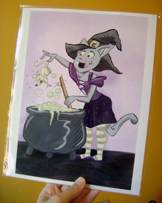 Witch Cartoon Art Print - Wiccan Witch Pagan Cat Mouse Violet - 8.5 x 11 A4