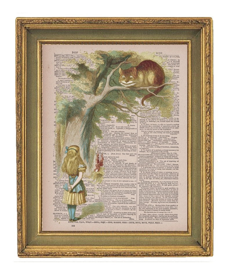 Cheshire Cat Alice in Wonderland -Print On Vintage Dictionary Page -  8x10
