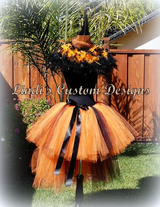 Adult XS/SM or Teen Orange & Black Bustle Style Witch Tutu and Matching Boa Hat Halloween, Parties, Dress-up, Renaissance Baroque