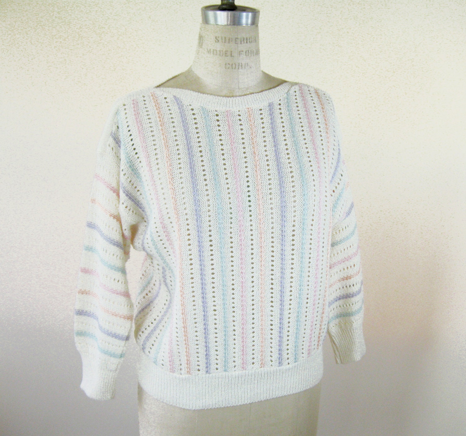 80s Pastel Stripe Sweater Dolman Sleeve Batwing Bateau Neck Womens Size Medium