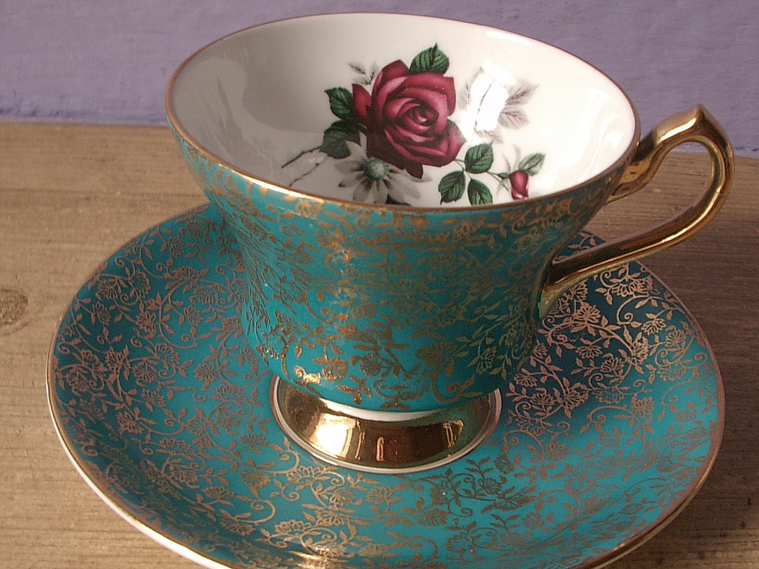 vintage teal tea cup and saucer set, 1950's Society English bone china tea set, red rose green gold flowers