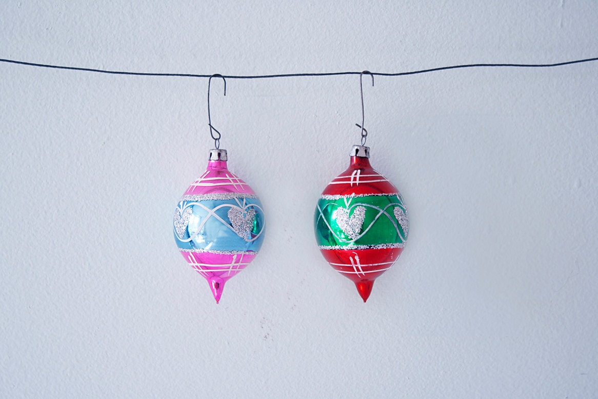 Set of 2 Vintage Handpainted Christmas Glass Teardrop Ornaments