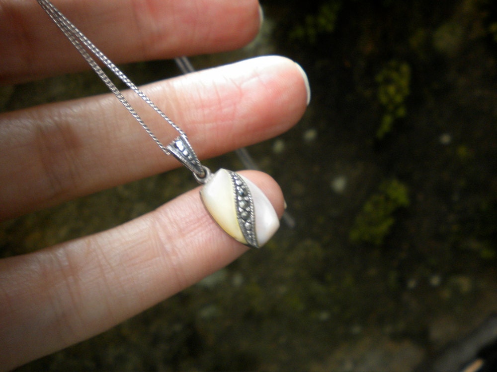 Vintage Mother of Pearl Marcasite Sterling Silver Necklace