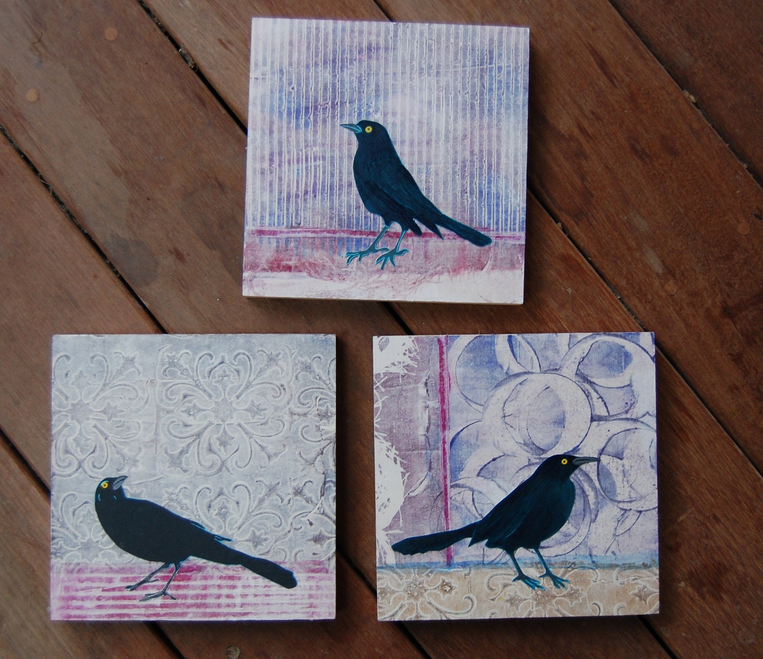 Trio of Black Birds, mix and match original prints collaged onto 8 x 8" wood panel