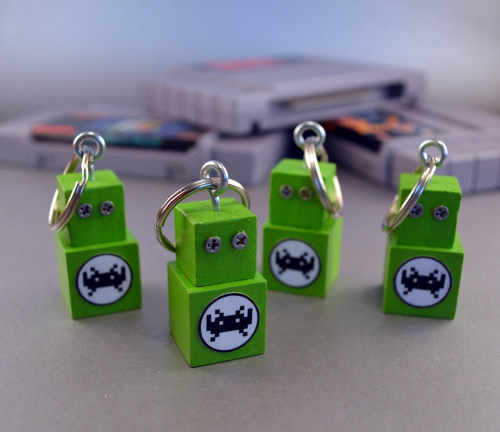Robot Key Ring Key Chain Accessory, Functional Art, Green Invader
