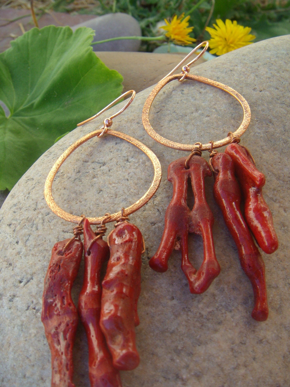 Rustic Red Coral Earrings - Pure Copper Earrings - Sponge Coral Dangle Earrings - Hammered Teardrop