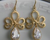 Tiara Clear Glass Earrings, Large Gold Earrings, Chandelier Earrings, Bridal Jewelry, Wedding Jewelry