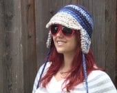 Aviator Hat, Navy/Blue/Cream with Gray/Cream Brim (crochet ear-flap hat)