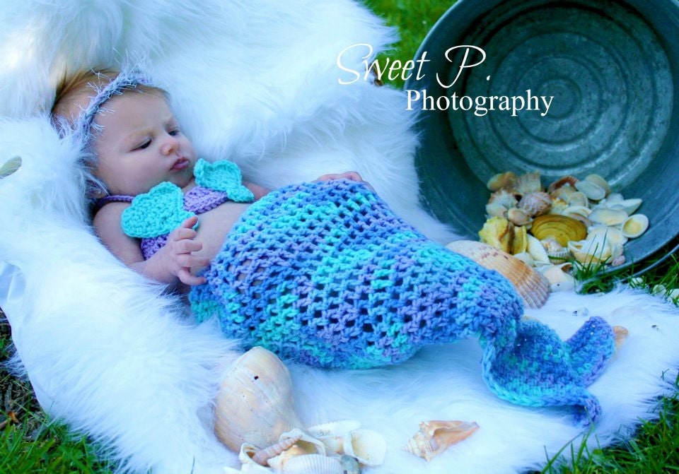 Crochet baby mermaid set-mermaid tail-shell bikini top-fuzzy headband-photo prop