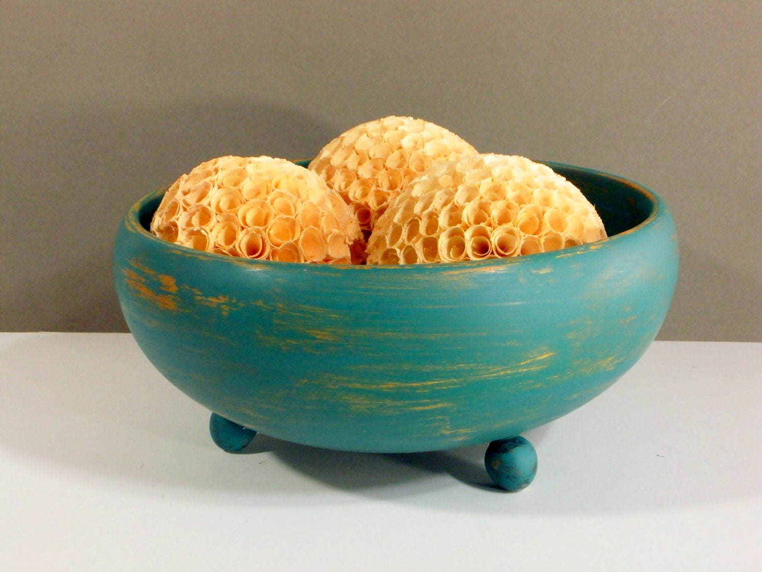 Decorative wooden bowl / centerpiece / distressed teal green / farmhouse chic / upcycled / shabby chic / cottage style