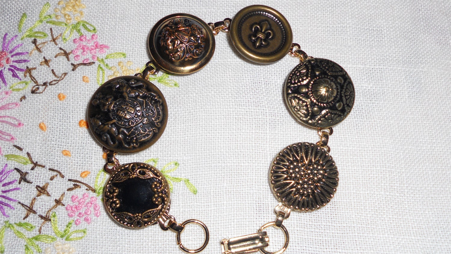 vintage metal button bracelet, Fleur de Lis