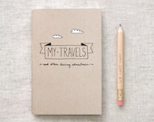 Travel Journal & Pencil Set, Recycled Pocket Size Notebook - My Travels and Daring Adventures - Brown White Clouds