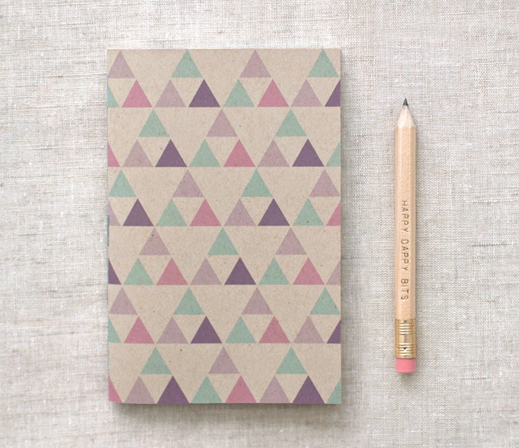 Eco Friendly Mini Notebook with Pencil, Brown Sketchbook - Geometric Patterns, Purple, Green, Pink Triangles