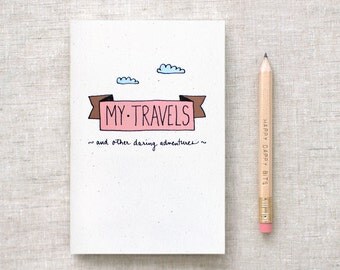 Travel Journal & Pencil Set, Recycled Mini Sketchbook - My Travels and Daring Adventures - Pink, Brown - Back to School
