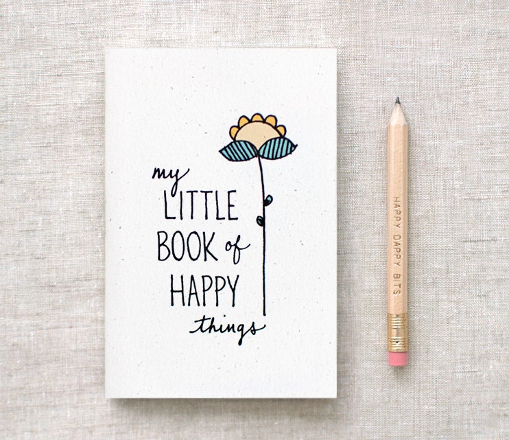 Hand Drawn Mini Journal & Pencil Set - Stocking Stuffer, My Little Book of Happy Things - Sunflower Illustration