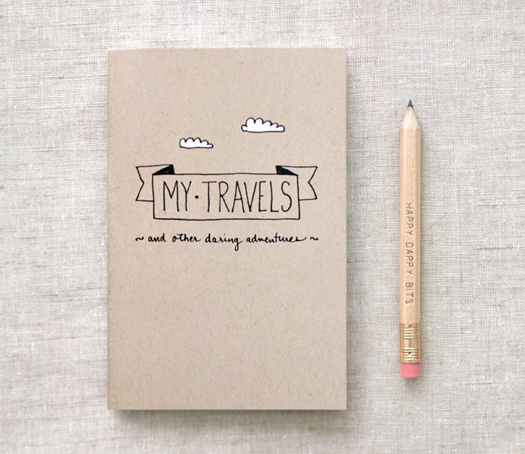 Travel Journal & Pencil Set, Recycled Pocket Size Notebook - My Travels and Daring Adventures - Brown White Clouds
