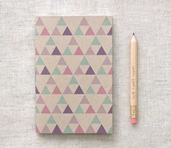 Eco Friendly Mini Notebook with Pencil, Brown Sketchbook - Geometric Patterns, Purple, Green, Pink Triangles