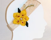 Silk Elastic Headband Hair Fascinator Wide Cream Band Yellow Flower Green Leaves Beaded by MaryGwyneth