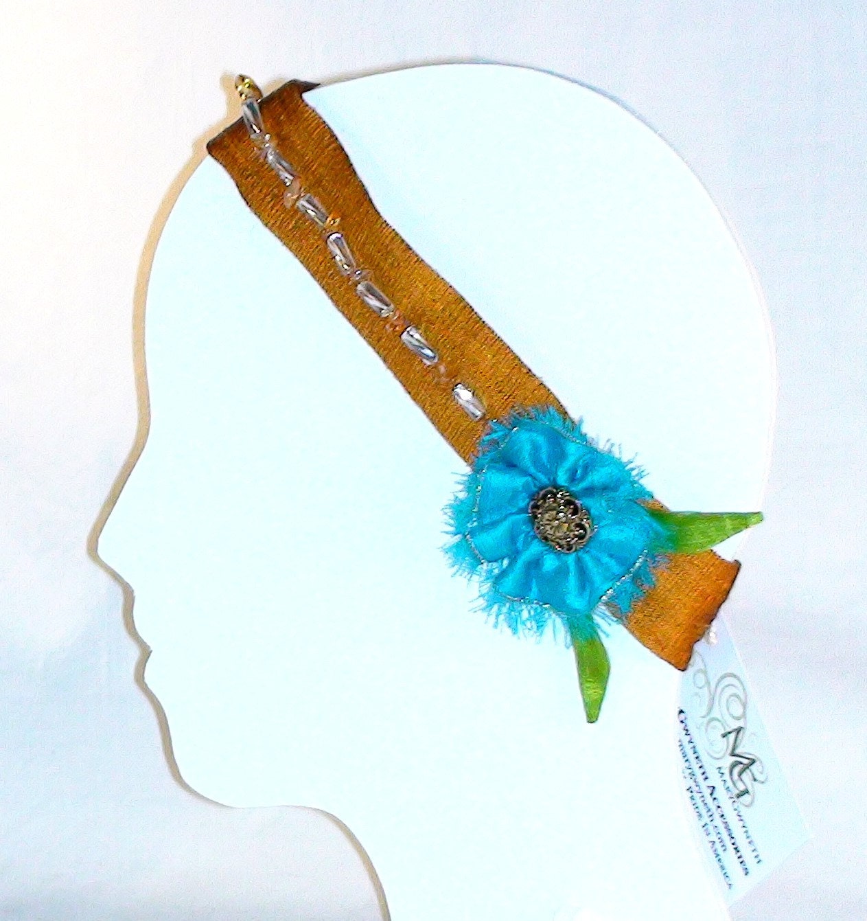 Silk Elastic Headband Hair Fascinator Rust Silk Turquoise Flower Lime Leaves Beaded by MaryGwyneth