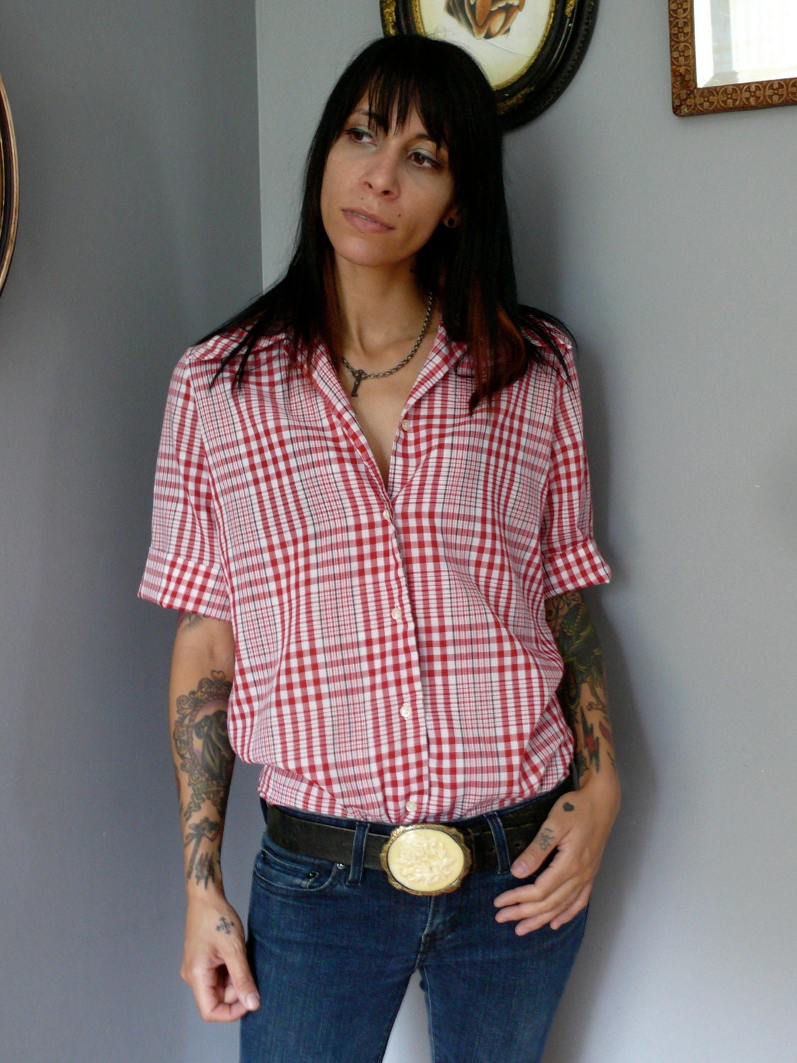 1970s Vintage Plaid Shirt Red and White Button Down