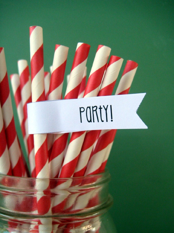 Red Paper Straws - Set of 25 Striped Straws With DIY Printable Flags - FAST shipping