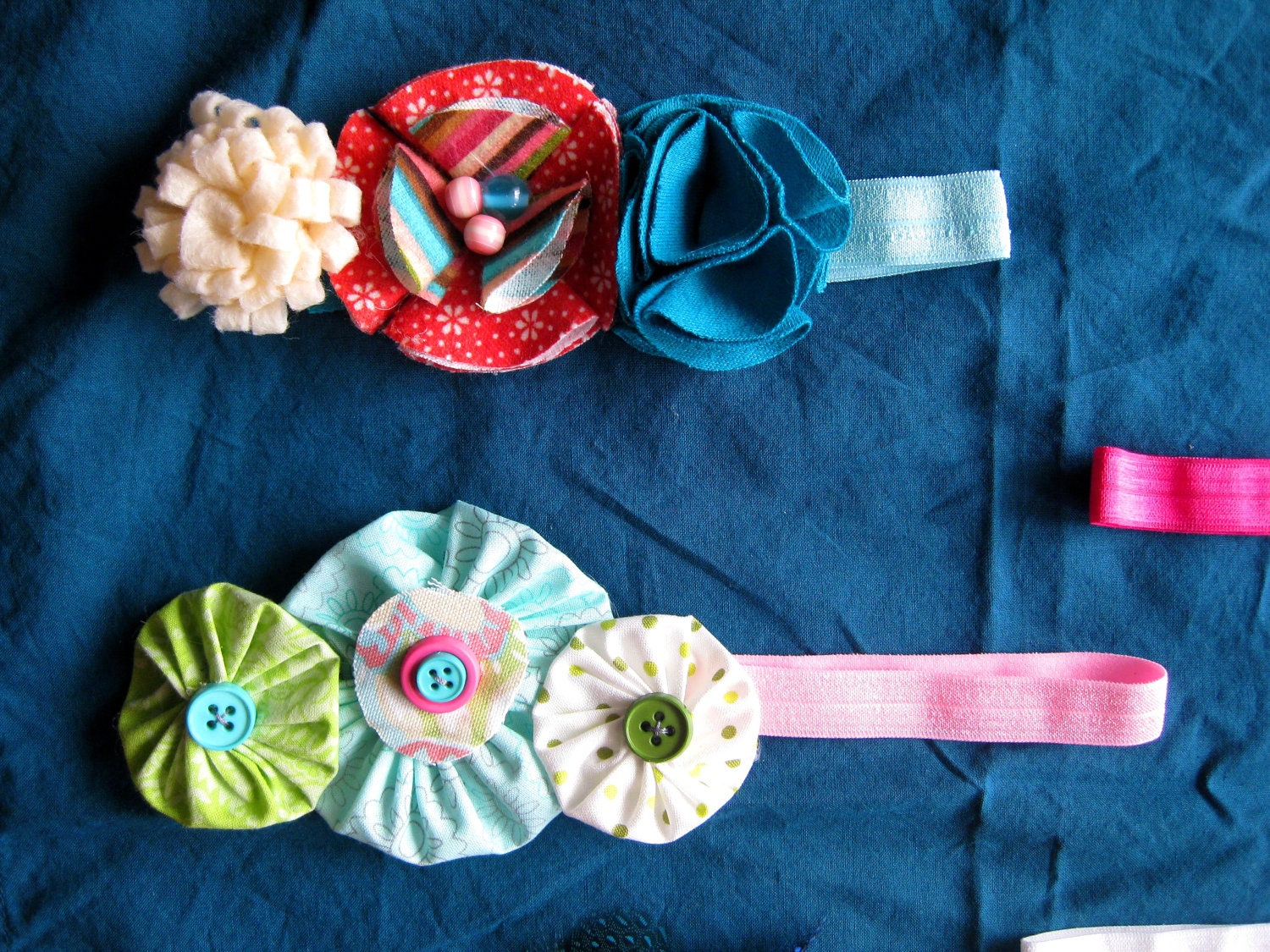 SET OF 2--Baby Girl-Fabric Flower, Yo-yo, felt flower, ruffled Elastic Headband- 3 months and up
