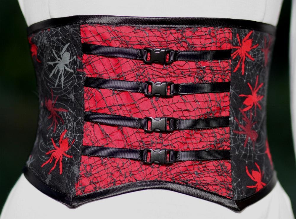 goth underbust corset.  spider web waspie in black and red. Limited edition
