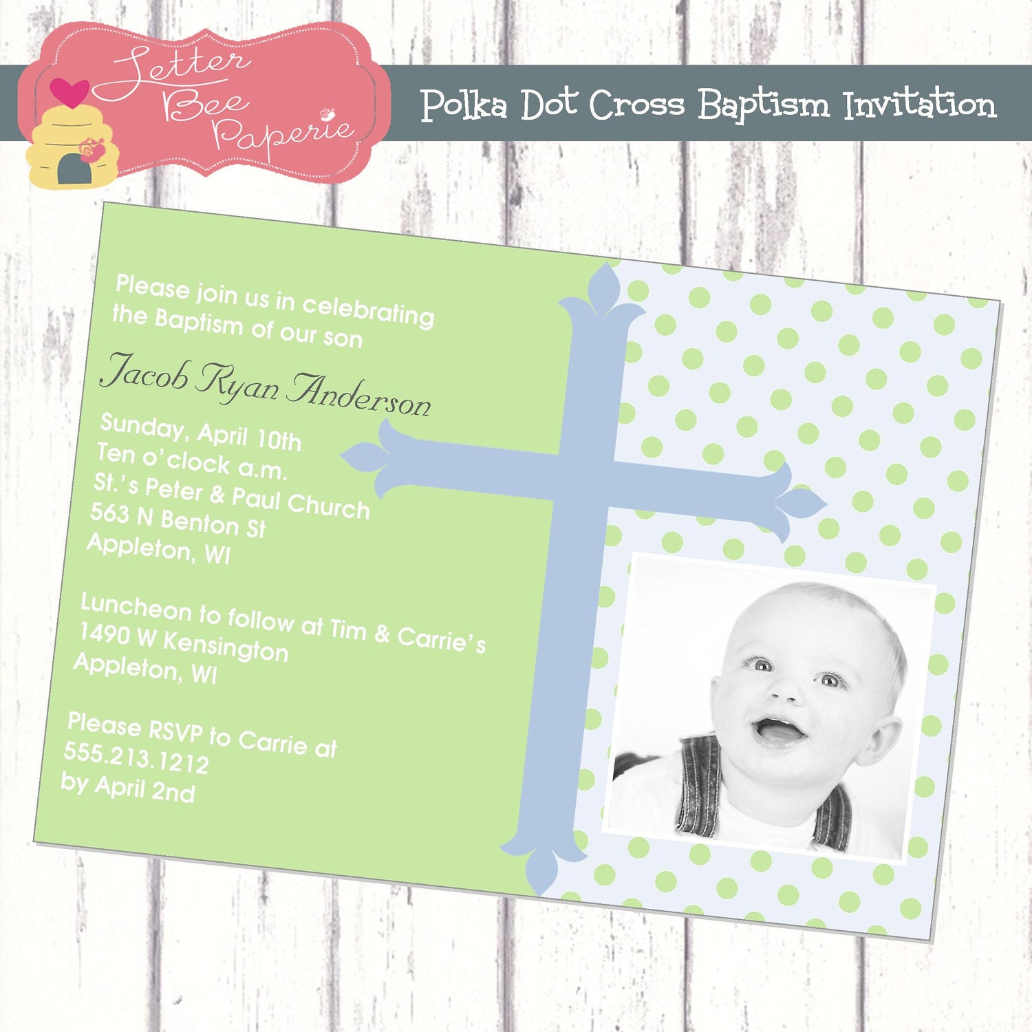 Polkadot Background Baptism / Christening Photo Invitation - Customize Your Colors - Printable DIgital File Il_570xn