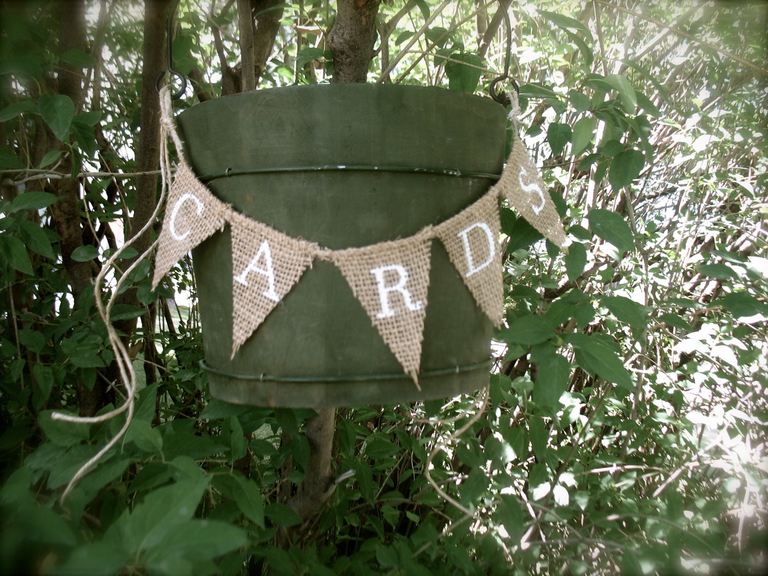 Burlap CARDS Mini  Banner,  white capital lettering, wedding,