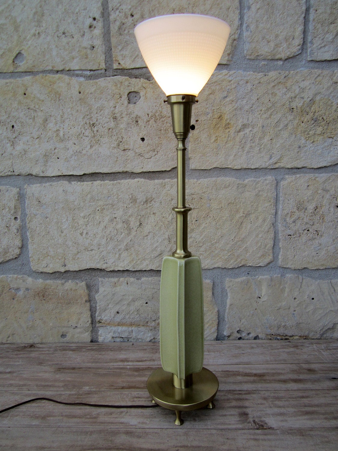 Green Rembrandt Mid Century Modern Torchiere Table Lamp with Milk Glass Shade