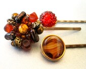 Vintage Styled Hair Accessories Brown Amber Hairpins Red Bobby Pins Jewelled Hair Clips Hair Jewelry Handmade