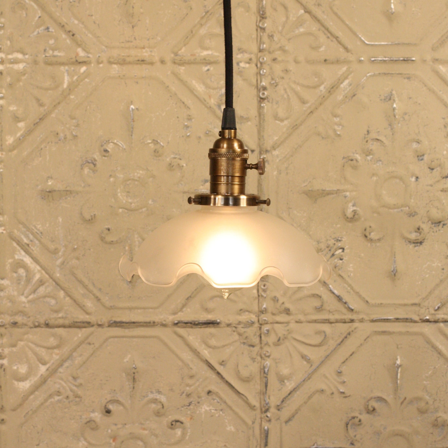 Vintage Lighting with Vintage Opaque Glass Shade With Ruffled Edge and Reproduction Wire