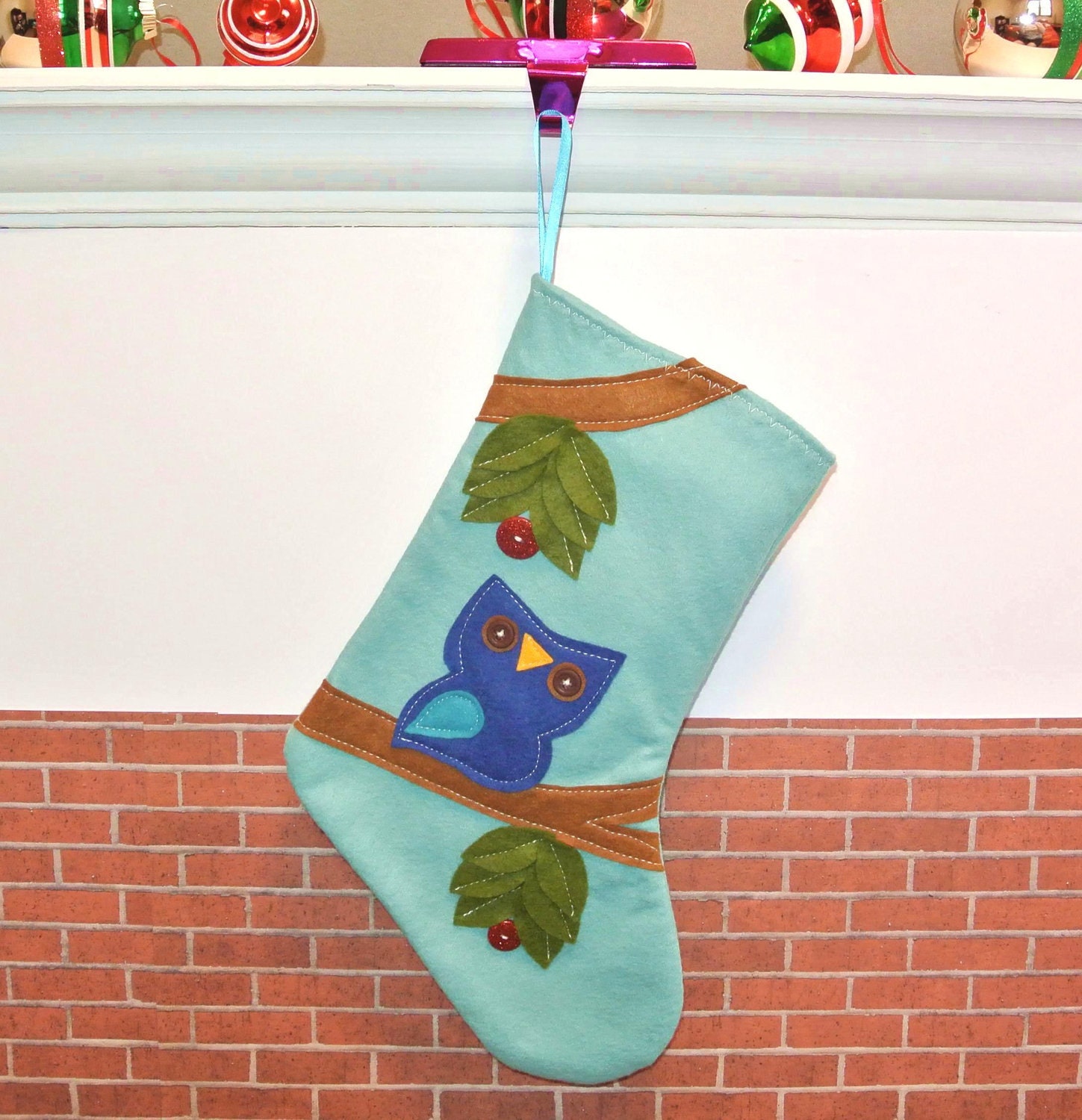 Owl Christmas Stocking in Aqua Blue by Allenbrite Studio