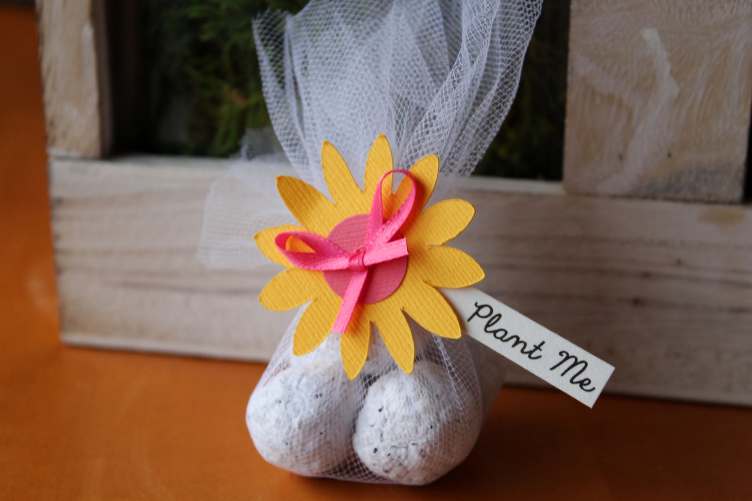 Plantable Paper Seed Bomb Wedding or Party Favors -Pink and Yellow Daisy style flower