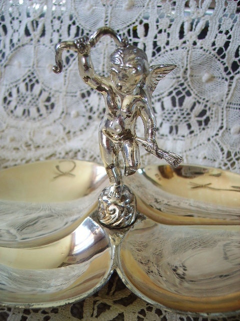 Romantic Cottage Metal double Heart with cupid tray, silver metal, ornate, elegant, jewlery  tray, trinkets