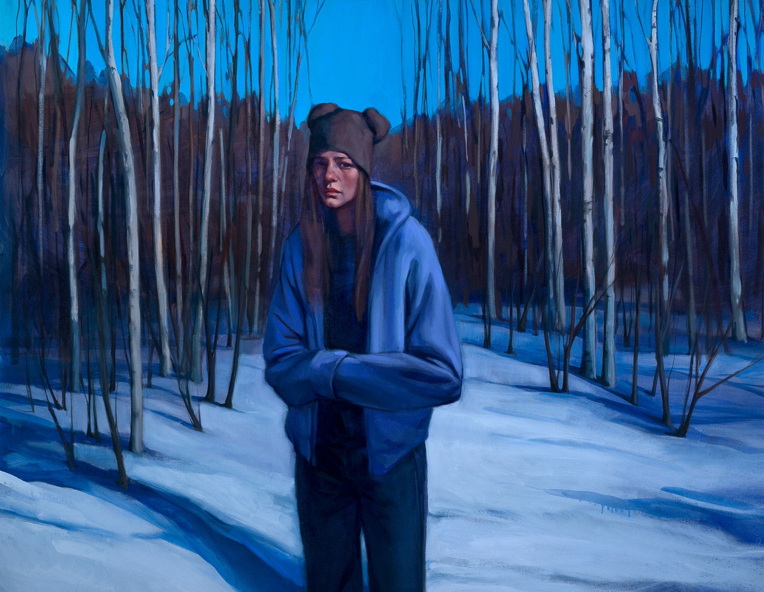 Painting girl woods birch trees winter snow  "Revelation"