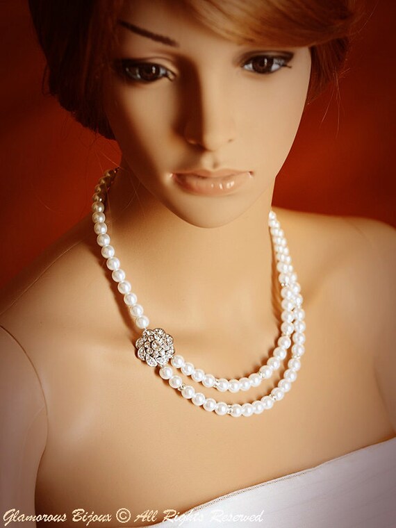 EZINA, Wedding Necklace, Rhinestone Flower Art Deco Necklace, Pearl and Crystal Bridal Necklace, Vintage Inspired Wedding Statement Necklace