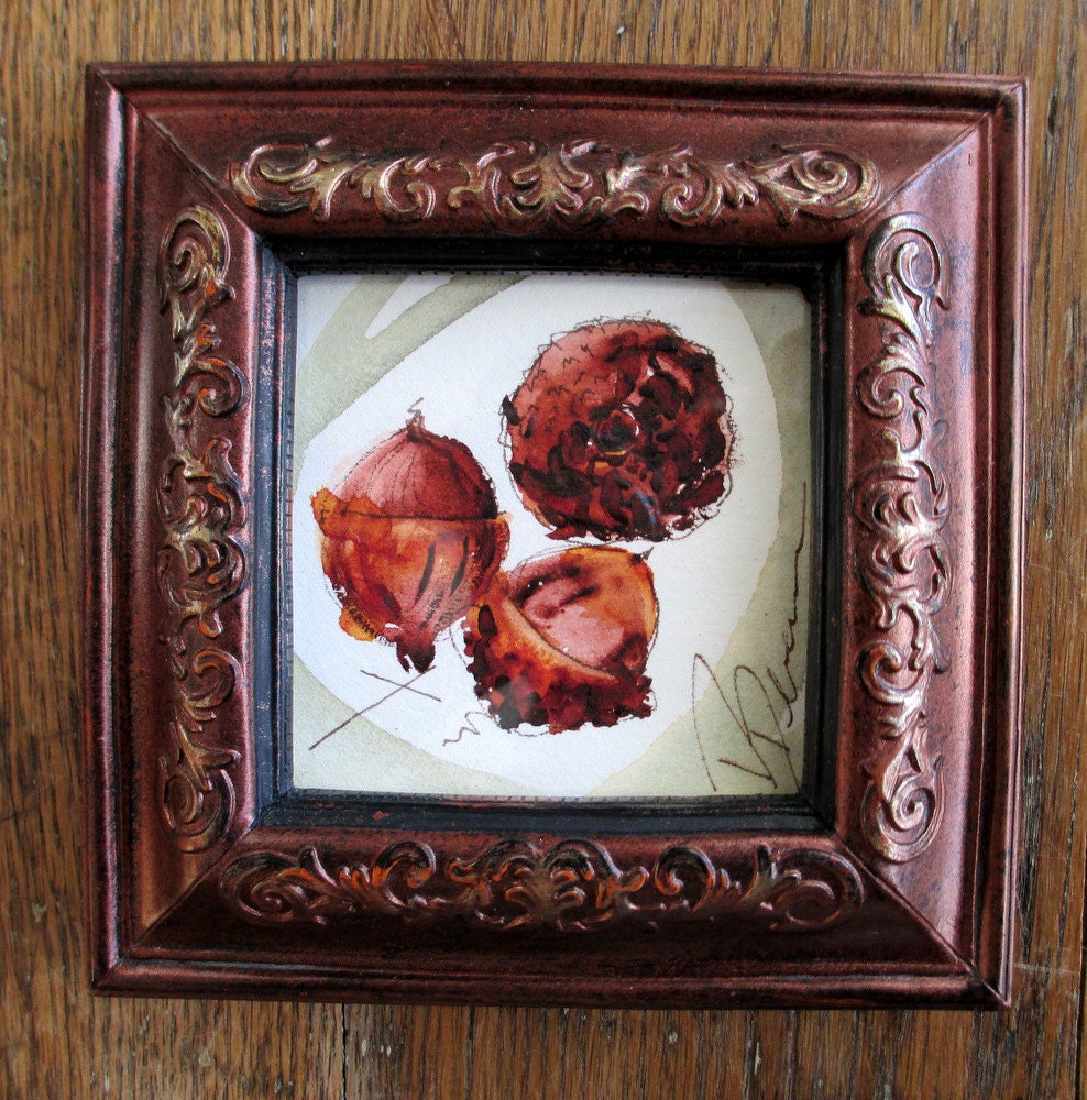 Framed Watercolor Painting of Acorns