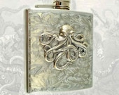 Steampunk Antique Silver Octopus Flask Neo Victorian Kraken Inlaid in Hand Painted Silver Swirl  Stainless Steel Metal Hip Flask