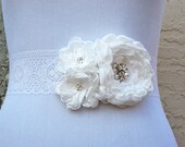 Wedding Sash - White Lace and Flowers Sash with Swarovski Crystals for Bride, Bridesmaid, Formal occascion